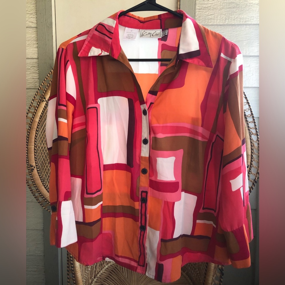 Vintage Geometric Funky Retro Kathy Che Button Up Long Sleeve Top Size 12